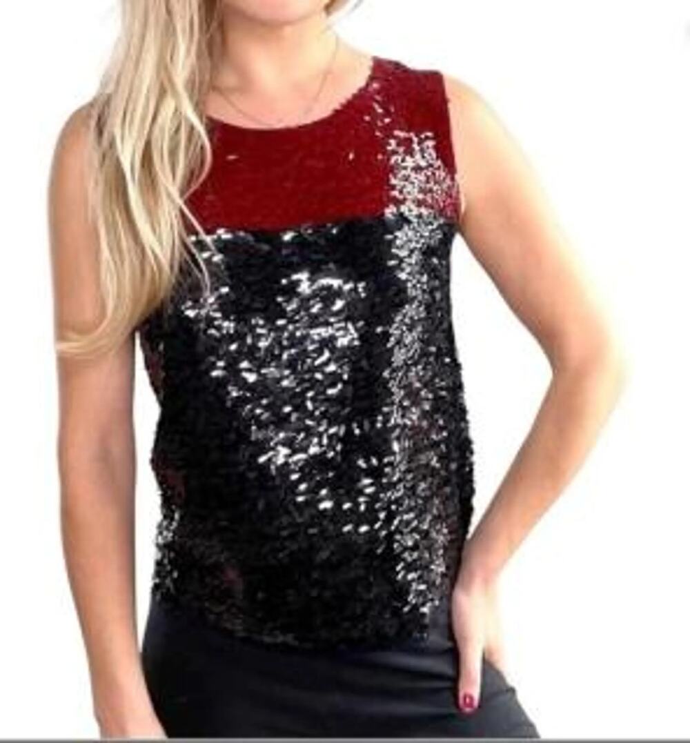 J. Crew Collection Sequin Tank Top Womens Small Red Black Sleeveless Round Neck